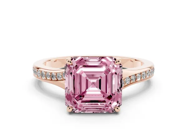 Fancy Pink Asscher Cut Diamond Solitaire Ring with Pavé Band and Prong Setting Rose gold
