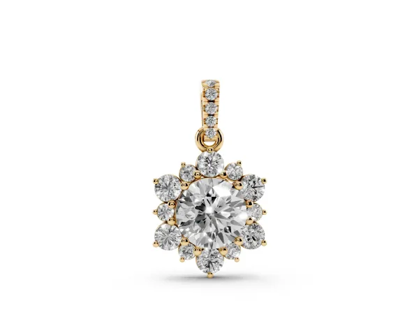 Round Brilliant Cluster Diamond Pendant with Prong Setting Yellow gold