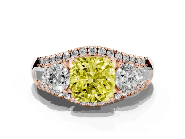 Fancy Yellow Three-Stone Cushion Cut Diamond Engagement Ring with Pave Band and Prong Setting Rose gold