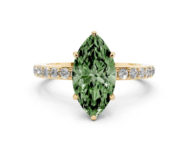 Fancy Green Marquise Cut Diamond Pavé Engagement Ring with Round Accents and Prong Setting Yellow gold