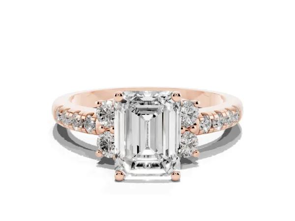 Emerald Cut Diamond Three-Stone Pave Band with Four-Prong Setting Rose gold