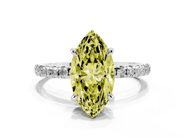 Fancy Yellow Marquise Cut Diamond Brilliant Solitaire Ring with Pavé Band and Four-Prong Setting Platinum