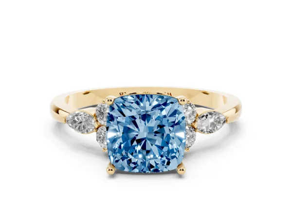 Fancy Blue Cushion Cut Brilliant Diamond Solitaire Ring with Pear Side Stones and Four-Prong Setting Yellow gold