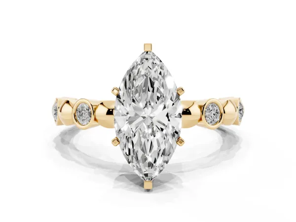 Marquise Cut Solitaire Bezel-Set Diamond Ring with Beaded Band and Four-Prong Setting Yellow gold