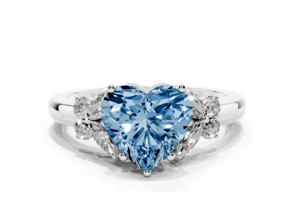 Fancy Blue Heart Cut Cut Solitaire Floral Diamond Ring with Four-Prong Setting White gold