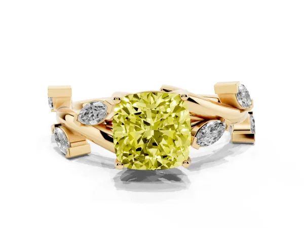 Fancy Yellow Cushion Cut Solitaire Twisted Band Marquise Accent Prong Setting Ring Yellow gold