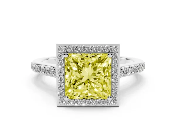 Fancy Yellow Princess Cut Diamond Halo Engagement Ring with Round Pavé Shoulders and Prong Setting White gold