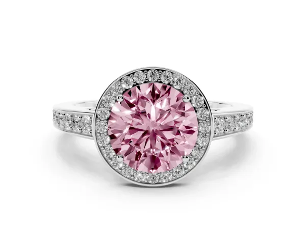 Fancy Pink Round Cut Halo Pavé Diamond Engagement Ring with Bezel Setting White gold