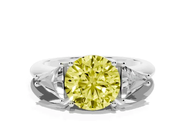 Fancy Yellow Three-Stone Round Cut Diamond Engagement Ring with Trillion Side Stones and Prong Setting White gold