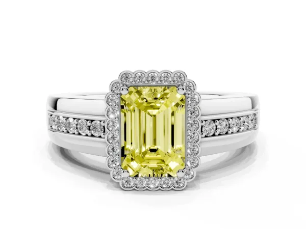 Fancy Yellow Emerald Cut Cut Halo Pave Band Four-Prong Ring Platinum