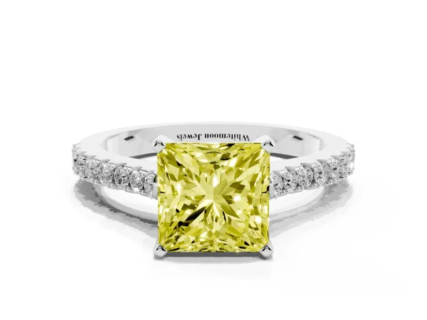 Fancy Yellow Princess Cut Cut Solitaire Diamond Engagement Ring with Pave Band and Four-Prong Setting White gold