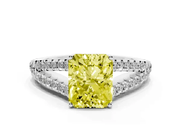 Fancy Yellow Radiant Cut Diamond Split Shank Engagement Ring with Round Pavé and Prong Setting White gold