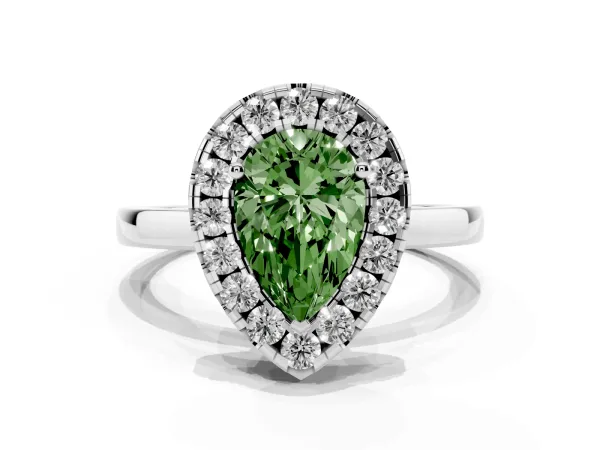 Fancy Green Pear Cut Halo Diamond Solitaire with Pavé Band and Four-Prong Setting Platinum