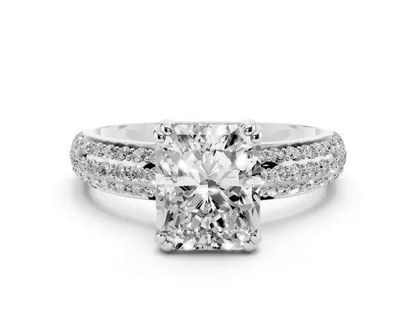 Radiant Cut Diamond Solitaire Ring with Multi-Row Round Pavé Band and Prong Setting Platinum