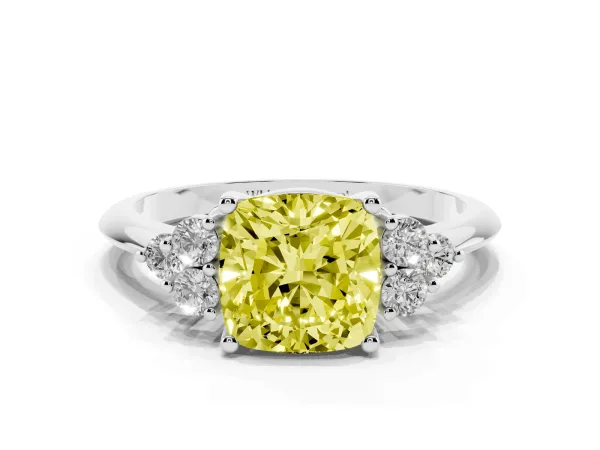 Fancy Yellow Cushion Cut Cut Diamond Cluster Ring with Solitaire Band and Four-Prong Setting Platinum