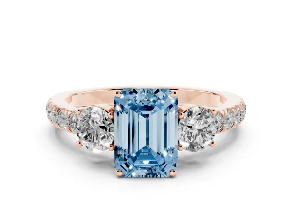Fancy Blue Emerald Cut Cut Diamond Three-Stone Ring with Round Side Stones and Pavé Band Rose gold