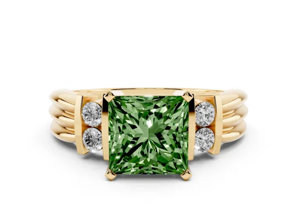 Fancy Green Princess Cut Cut Three-Stone Channel Set Ring with Bar Prongs Yellow gold