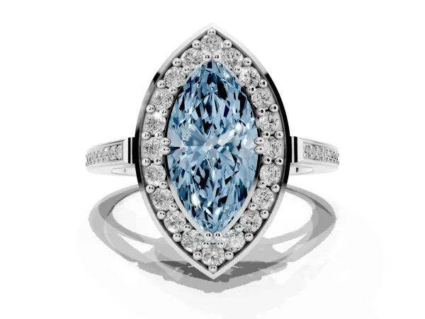 Fancy Blue Marquise Cut Diamond Halo Ring with Split Shank and Four-Prong Setting Platinum