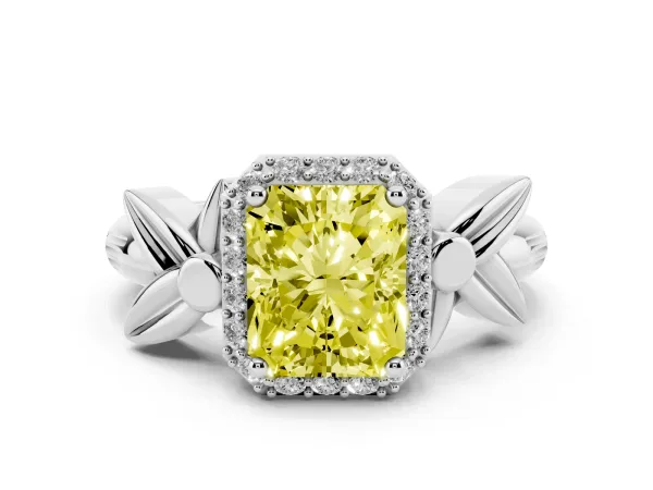 Fancy Yellow Radiant Cut Halo Diamond Floral Band with Four-Prong Setting Platinum