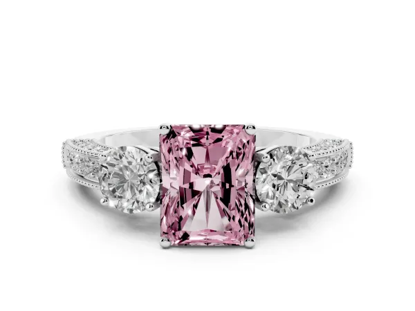 Fancy Pink Radiant Cut Three-Stone Diamond Ring with Pavé Band and Four-Prong Setting Platinum