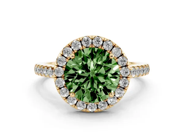 Fancy Green Round Cut Halo Pave Diamond Engagement Ring with Four-Prong Setting Yellow gold