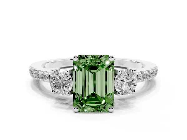 Fancy Green Three-Stone Emerald Cut Cut Diamond Pavé Band with Prong Setting Platinum