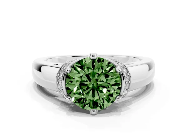 Fancy Green Round Cut Solitaire Diamond Ring with Pave Band and Six-Prong Setting Platinum