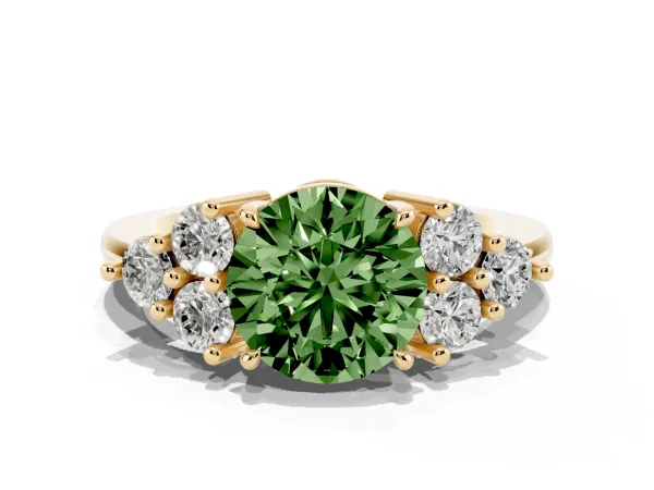 Fancy Green Round Cut Brilliant Diamond Cluster Accent Solitaire Ring with Prong Setting Yellow gold
