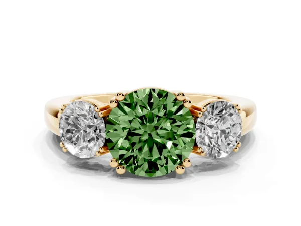 Fancy Green Three-Stone Round Cut Cut Diamond Ring with Channel Set Band and Four-Prong Setting Yellow gold