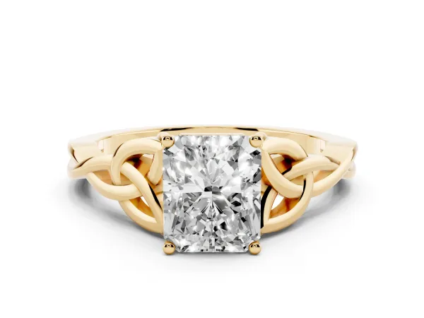 Radiant Cut Diamond Solitaire Engagement Ring with Celtic Knot Band and Four-Prong Setting Yellow gold
