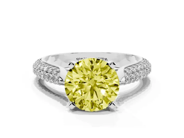 Fancy Yellow Round Cut Diamond Solitaire Engagement Ring with Multi-Row Round Pavé Band and Prong Setting White gold