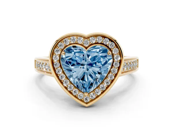 Fancy Blue Heart Cut Halo Solitaire Diamond Ring with Pave Band and Bezel Setting Yellow gold