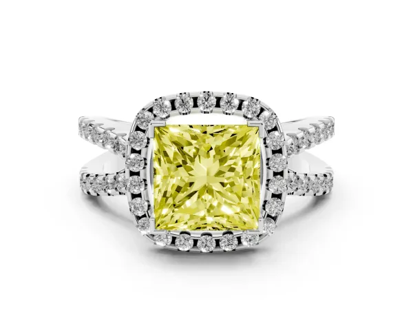 Fancy Yellow Princess Cut Diamond Halo Ring with Split Shank Pavé Band and Prong Setting White gold