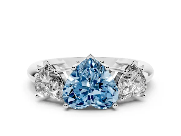 Fancy Blue Three-Stone Heart Cut Cut Diamond Engagement Ring with Prong Setting on a White Gold Band White gold
