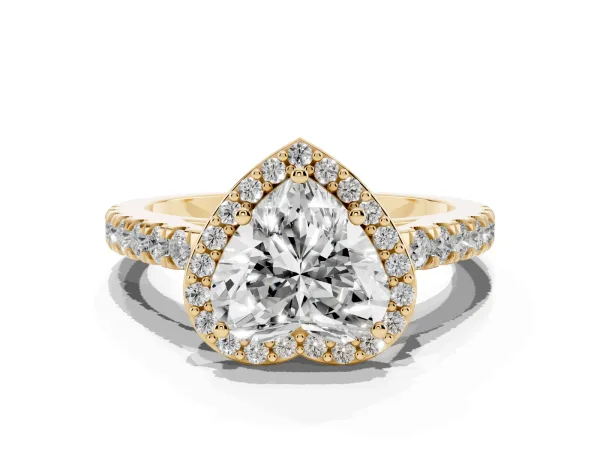 Heart Cut Cut Halo Diamond Engagement Ring with Pave Band and Four-Prong Setting Yellow gold