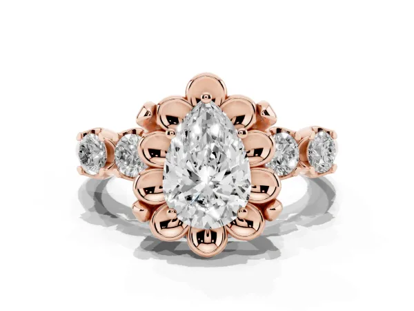 Pear Cut Cut Diamond Floral Halo Engagement Ring with Shared Prong Setting Rose gold