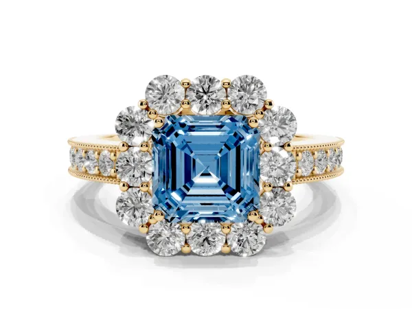 Fancy Blue Asscher Cut Cut Halo Diamond Pavé Engagement Ring with Milgrain Detailing Yellow gold