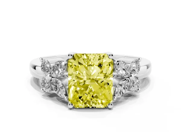 Fancy Yellow Radiant Cut Diamond Floral Cluster Ring with Solitaire Band and Prong Setting Platinum