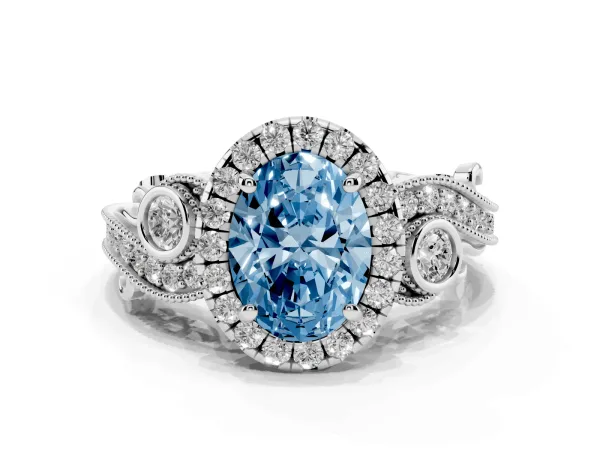 Fancy Blue Oval Cut Diamond Halo Ring with Milgrain Pavé Band and Four-Prong Setting Platinum