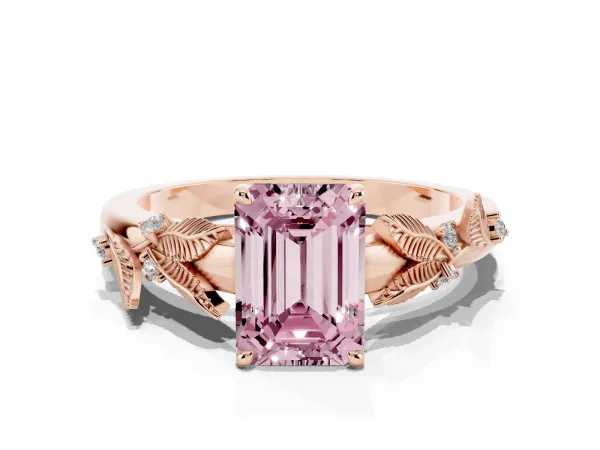 Fancy Pink Emerald Cut Diamond Solitaire Ring with Leaf Motif Band and Four-Prong Setting Rose gold