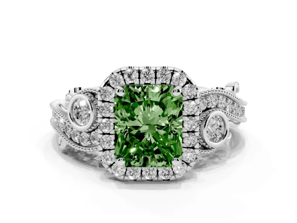 Fancy Green Radiant Cut Diamond Halo Ring with Milgrain Pavé Band and Four-Prong Setting Platinum