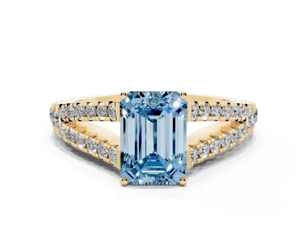 Fancy Blue Emerald Cut Diamond Split Shank Pavé Engagement Ring with Four-Prong Setting Yellow gold