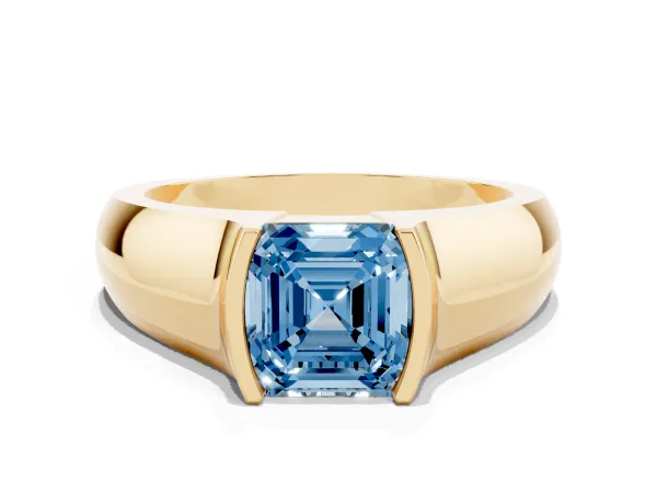 Fancy Blue Asscher Cut Solitaire Bezel Set Diamond Ring with Wide Band Yellow gold