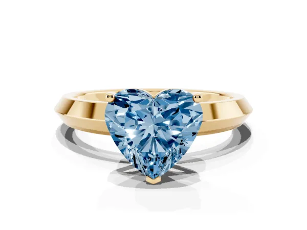 Fancy Blue Heart Cut Cut Solitaire Engagement Ring with Flat Band and Four-Prong Setting Yellow gold