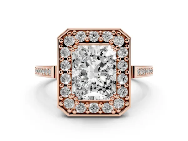 Radiant Cut Diamond Halo Ring with Split Shank and Four-Prong Setting Rose gold