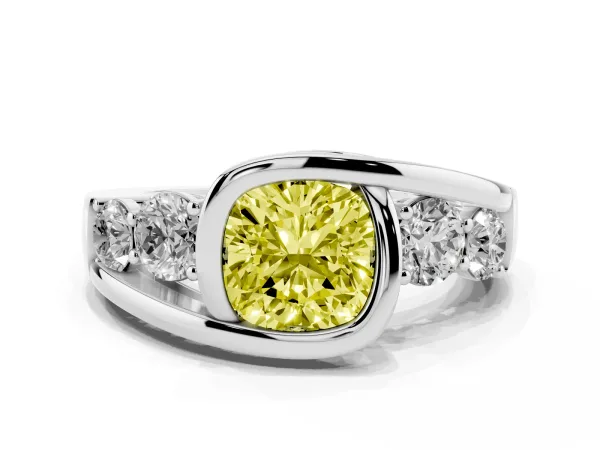 Fancy Yellow Bezel Set Cushion Cut Diamond Bypass Ring with Round Accents Platinum