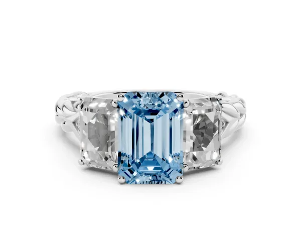 Fancy Blue Three-Stone Emerald Cut Diamond Braided Band Ring with Four-Prong Setting White gold