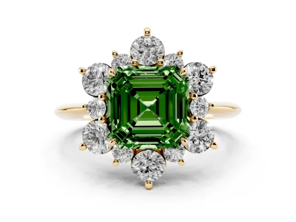 Fancy Green Asscher Cut Diamond Cluster Halo Ring with Solitaire Band and Four-Prong Setting Yellow gold