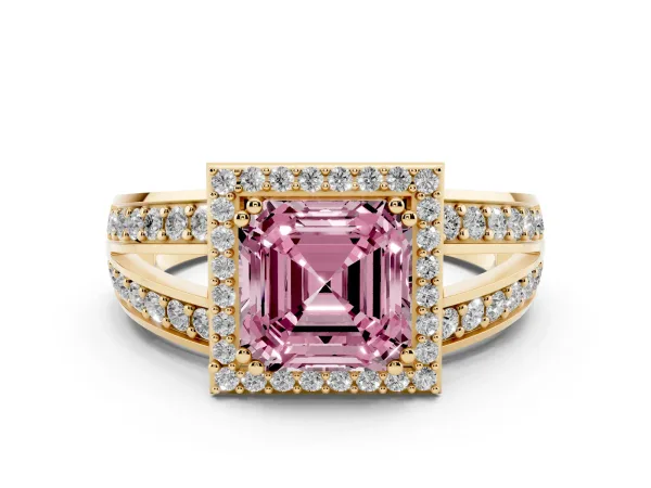 Fancy Pink Asscher Cut Diamond Halo Ring with Split Shank Pavé Band and Four-Prong Setting Yellow gold