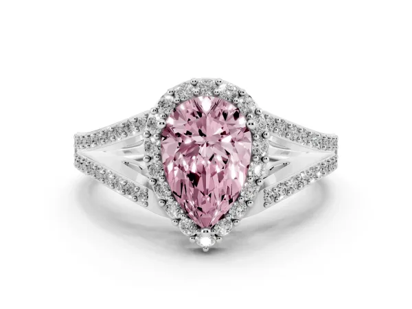 Fancy Pink Pear Cut Halo Split Shank Diamond Ring with Prong Setting Platinum